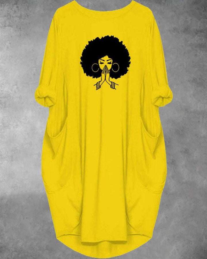 Praying Afro Girl Long Sleeve Pockets Midi Dresse