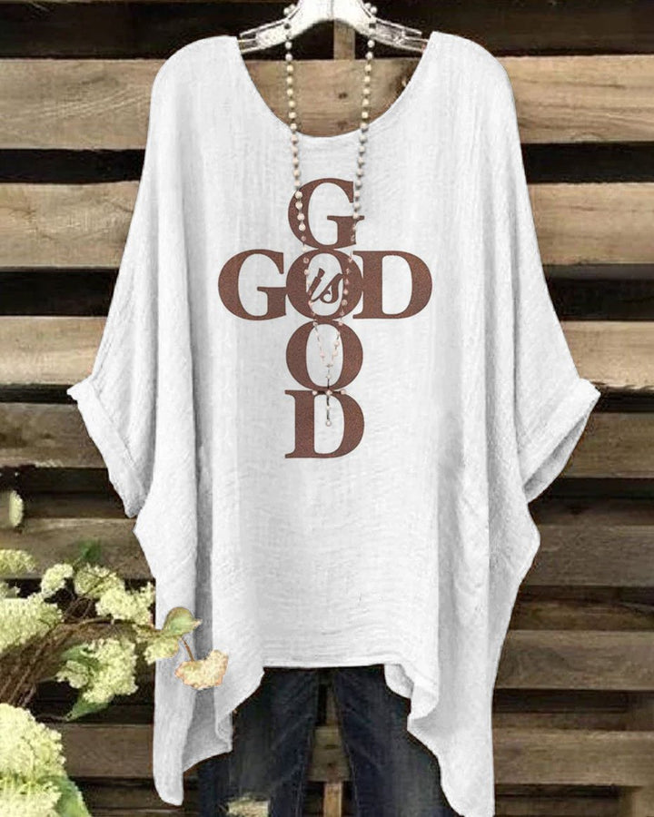 Women's Fashion God is Good Print Irregular Shirt