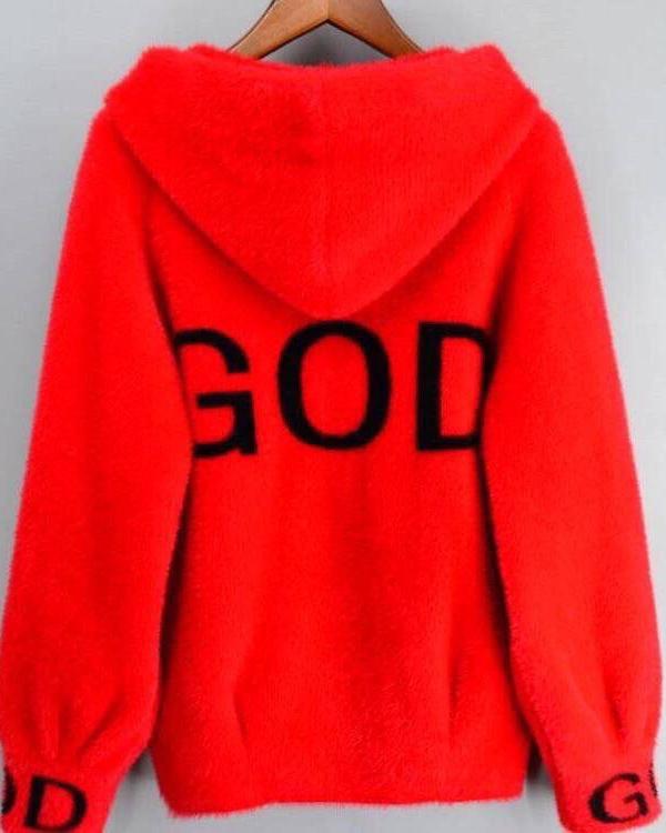 God Knitted Plush Hoodie Cardigan Jacket