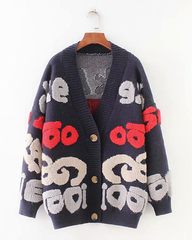 Women's Fashion Letter V-Neck Jacket Lazy Style Jacquard Knitting Sweater Cardigan