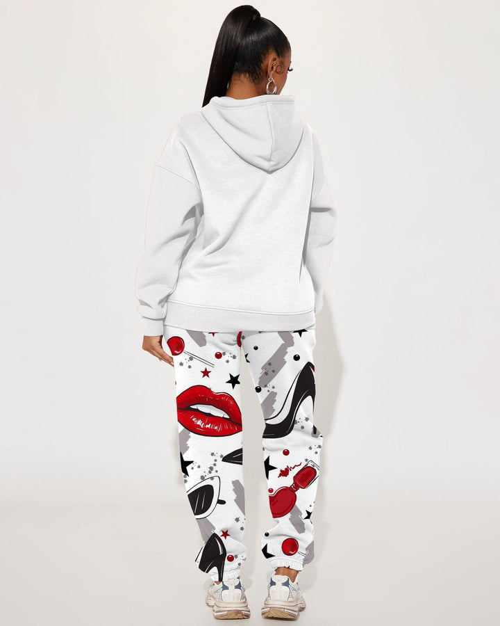 Girl Gang Lips Lipstick Long Sleeve Hoodie Two Pieces Set