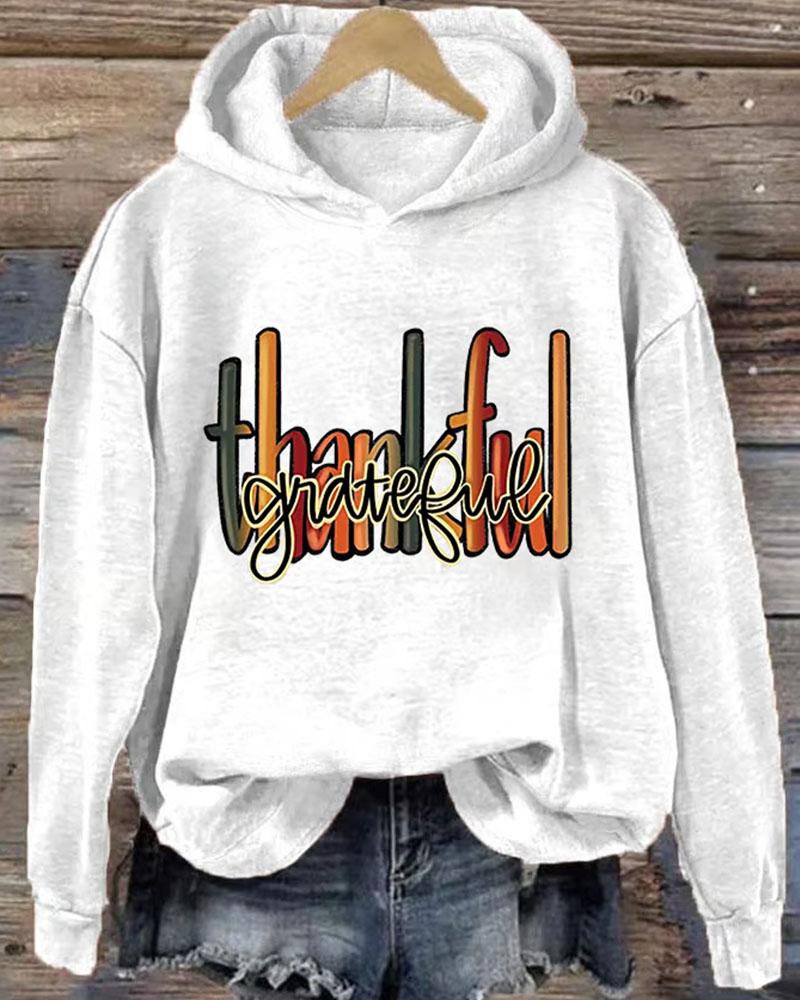 Women's Thanksgiving Thankful Grateful Print Long Sleeve Hoodie With Pocket