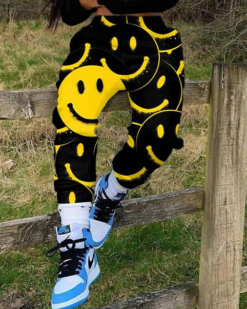 Cartoon Smiley Face Long Sleeve Hoodie Two Pieces Set