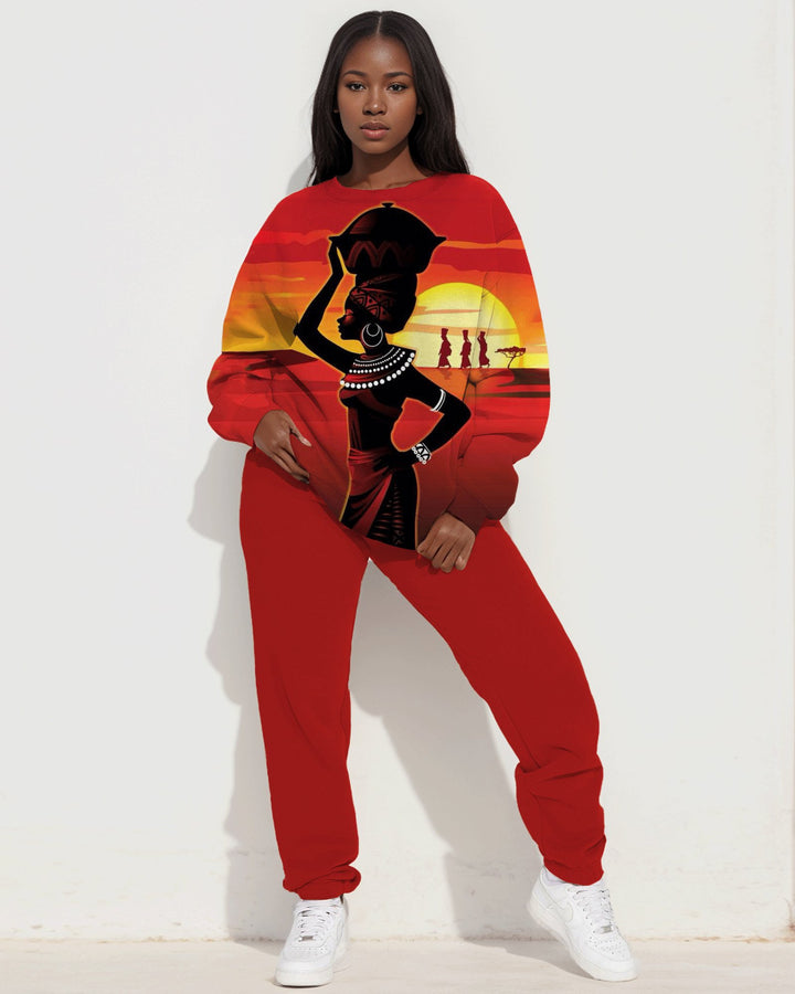 African Lady Sunset Painting Print Long Sleeve Sweatshirt Two Pieces Set