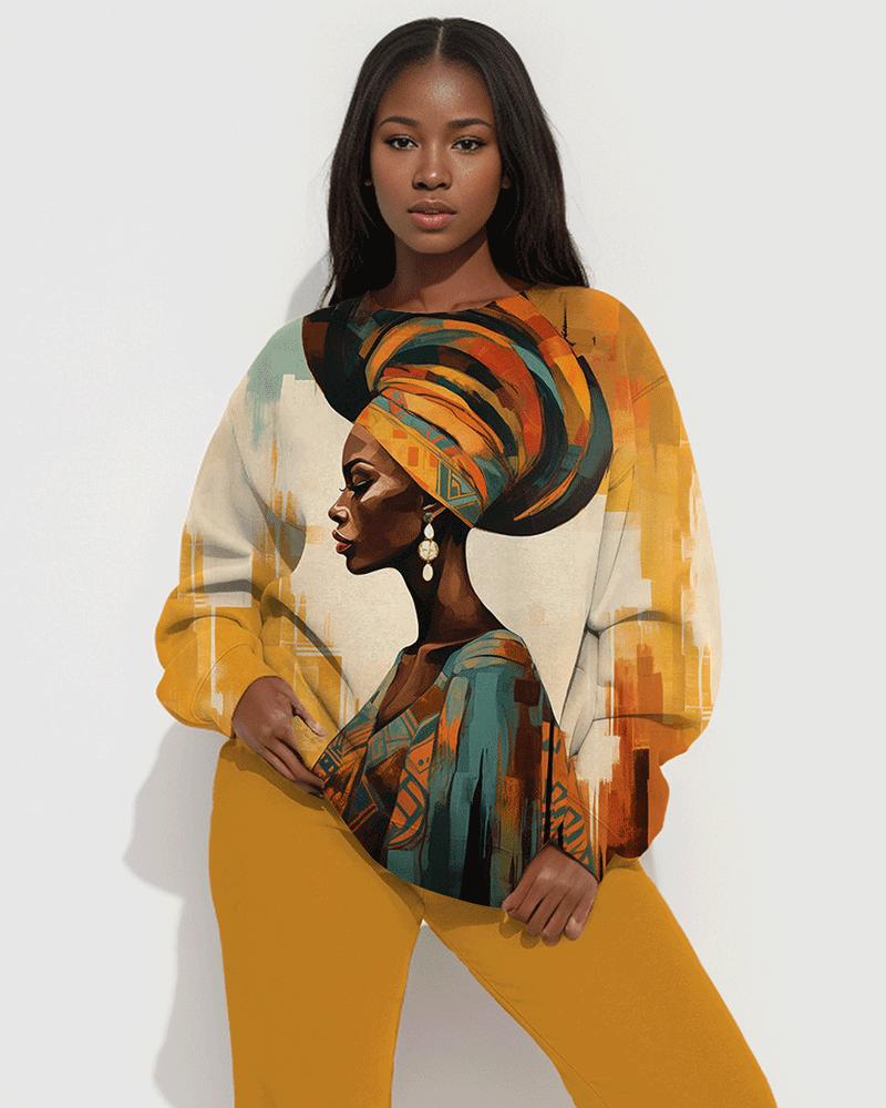 African Lady Painting Print Long Sleeve Sweatshirt Two Pieces Set