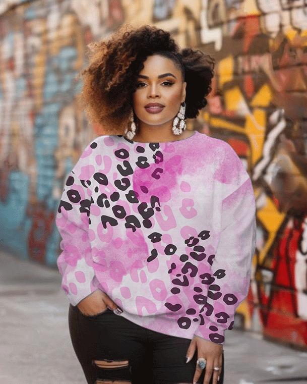 Women's Fashion Casual Tie Dye Pink Leopard Print Long Sleeve Sweatshirt