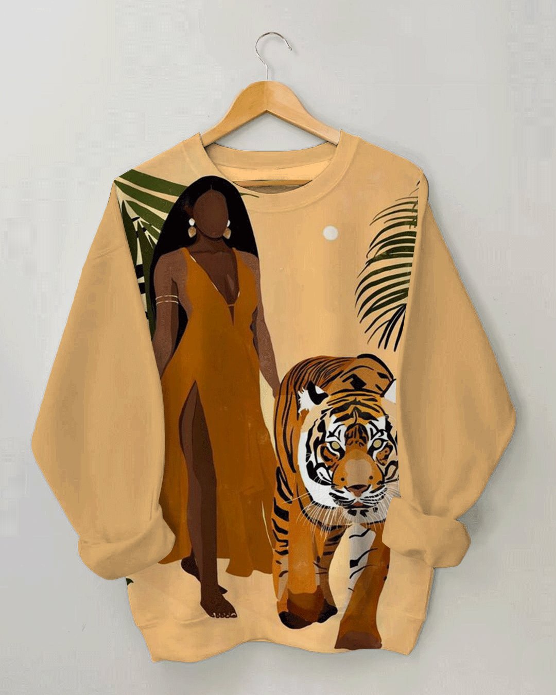 Women's Fashion Brown Girl with Tiger Print Long Sleeve Sweatshirt