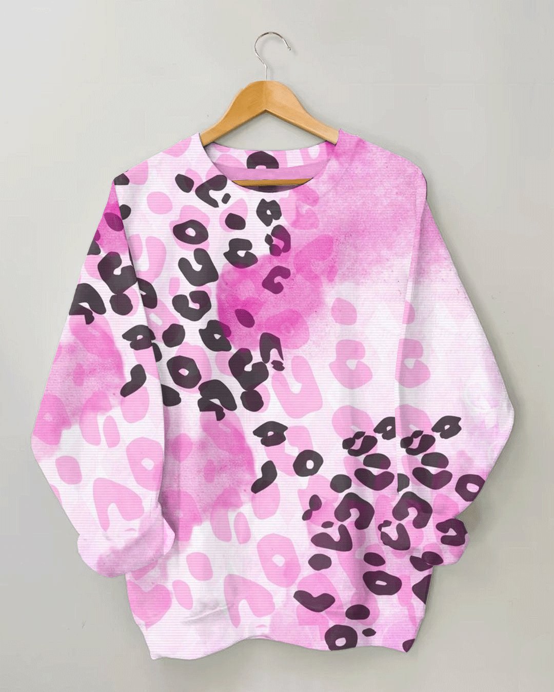 Women's Fashion Casual Tie Dye Pink Leopard Print Long Sleeve Sweatshirt