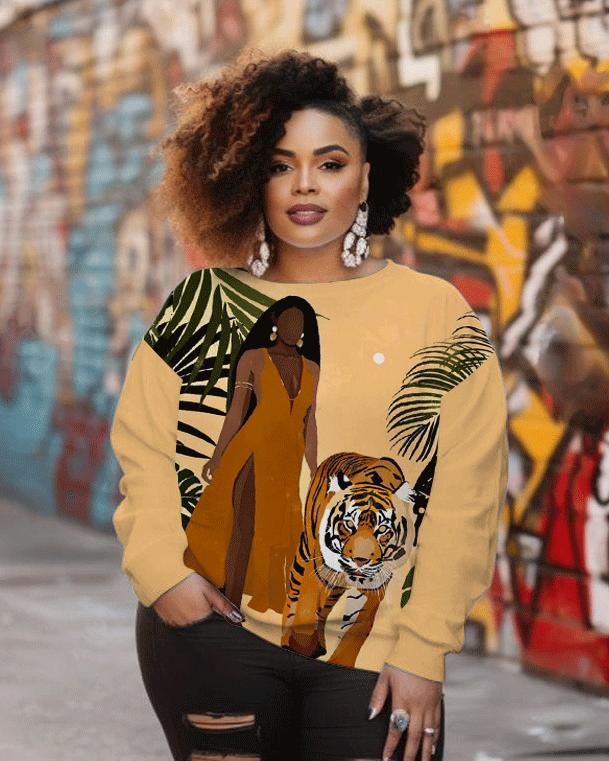 Women's Fashion Brown Girl with Tiger Print Long Sleeve Sweatshirt