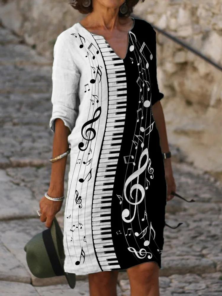 Piano Keys & Notes Contrast Notch Neck Midi Dress