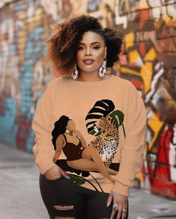 Women's Fashion Sexy Girl with Leopard Print Long Sleeve Sweatshirt