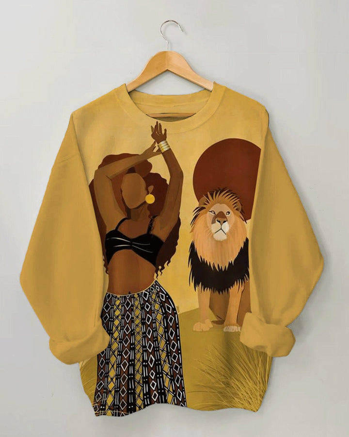 Women's Fashion Brown Girl with Lion Print Long Sleeve Sweatshirt