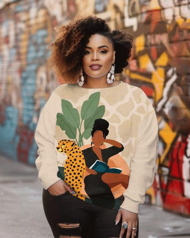 Women's Fashion Brown Girl with Leopard Print Long Sleeve Sweatshirt