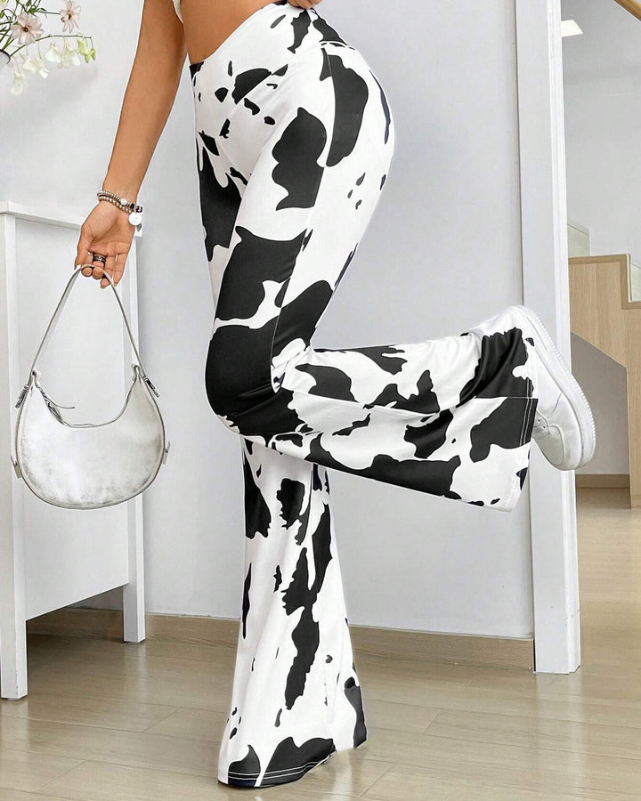 Women's Fashion Casual Slim-fit Dairy Pattern Printed Plastic Hip Flared Pants