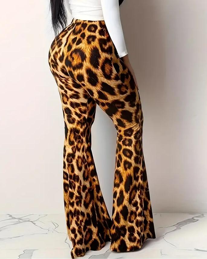 Women's Fashion Casual Slim-fit Leopard Print Plastic Hip Trousers