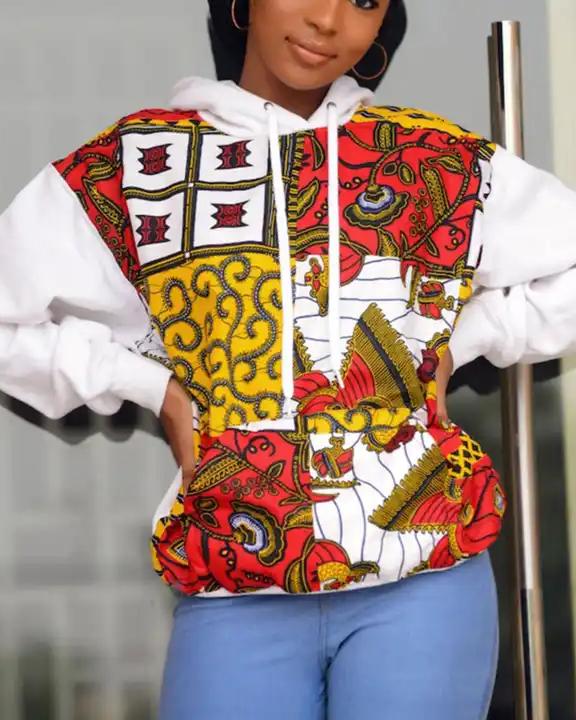 Floral African Print Fabric Long Sleeves Hoodie