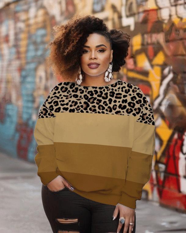 Women's Fashion Colorblock Leopard Print Long Sleeve Sweatshirt