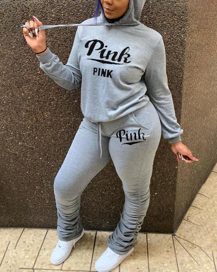 Casual PINK Print Hooded Long Sleeve Two Pieces