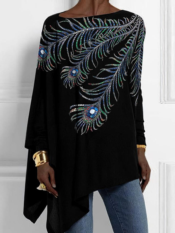 Peacock Feather Print Long Sleeve Loose Hem Top