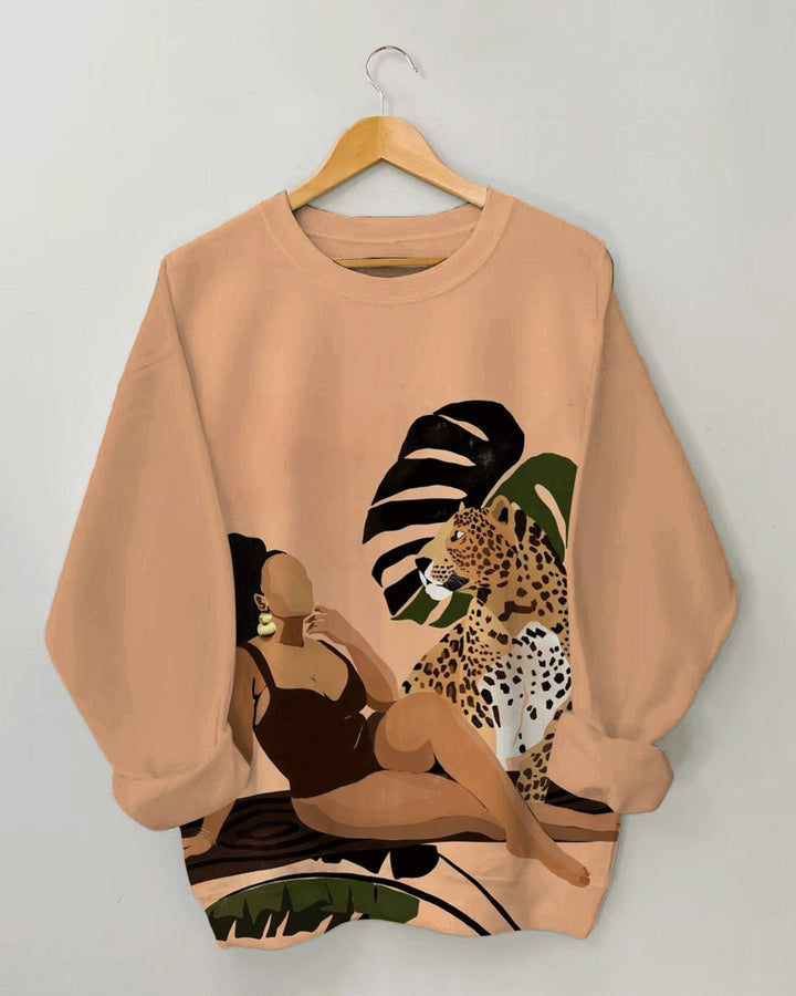 Women's Fashion Sexy Girl with Leopard Print Long Sleeve Sweatshirt