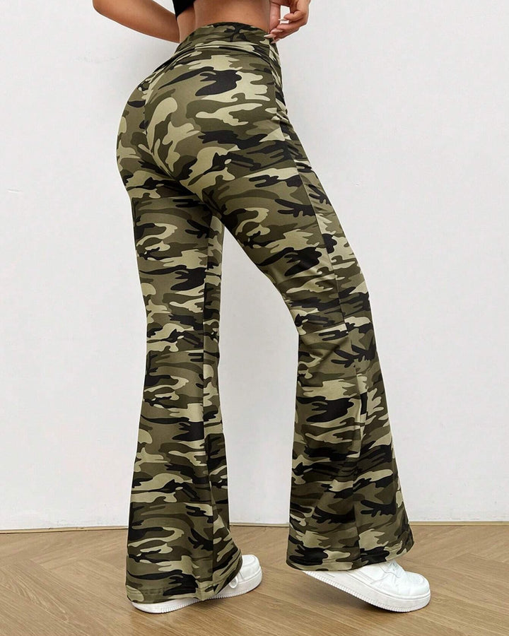 Women's Fashion Casual Slim Camouflage Pattern Printed Plastic Hip Flared Pants