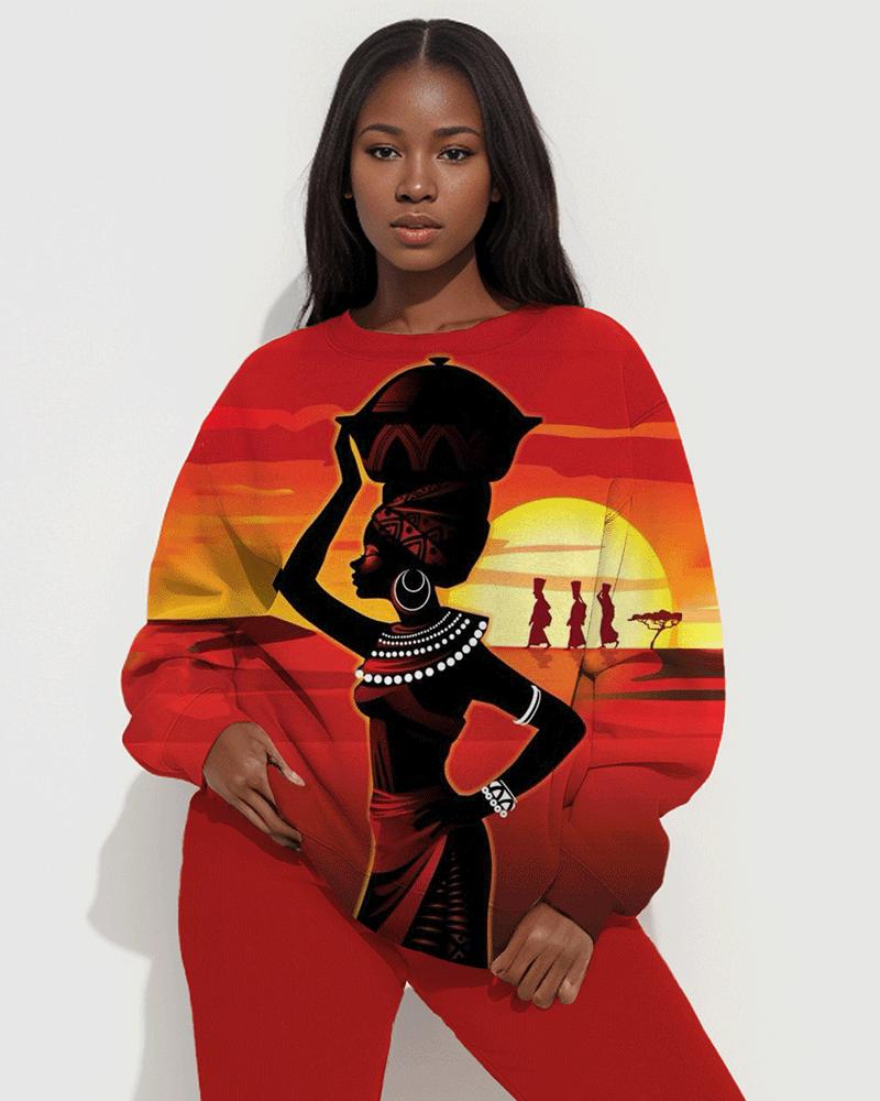 African Lady Sunset Painting Print Long Sleeve Sweatshirt Two Pieces Set