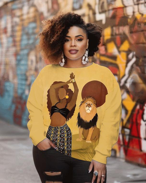 Women's Fashion Brown Girl with Lion Print Long Sleeve Sweatshirt