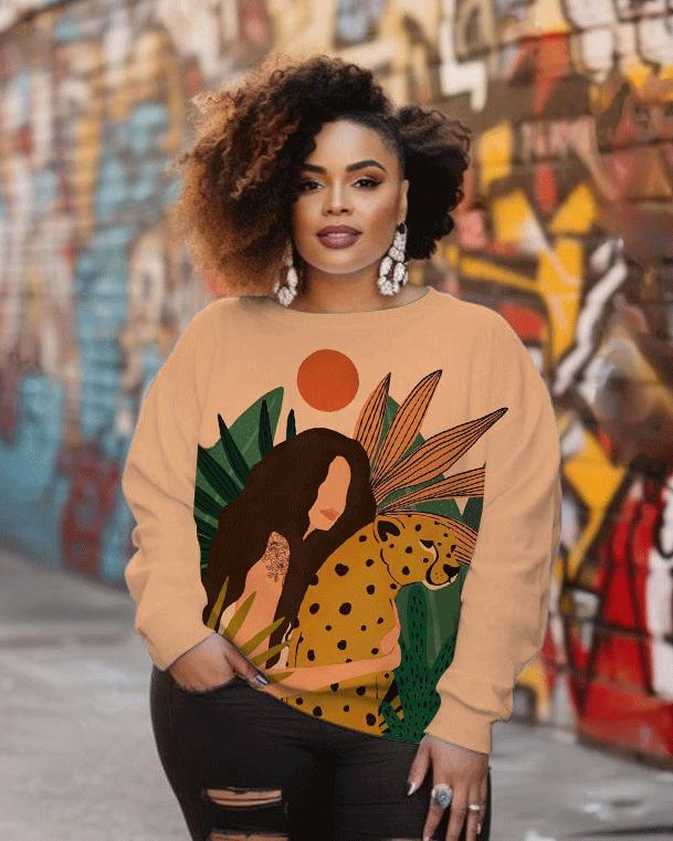 Women's Fashion Girl with Leopard Print Long Sleeve Sweatshirt