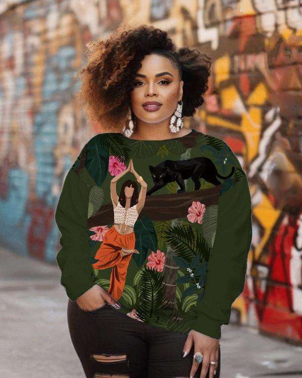 Women's Fashion Girl with Black Panther Print Long Sleeve Sweatshirt