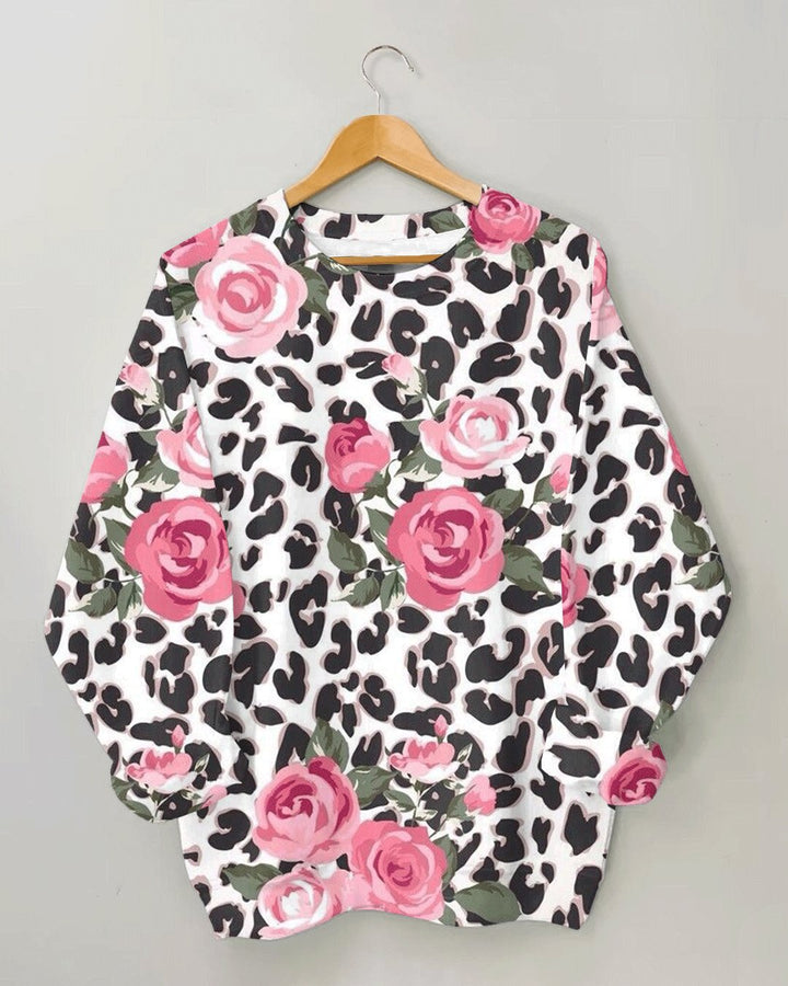 Women's Fashion Casual Leopard and Rose Print Long Sleeve Sweatshirt