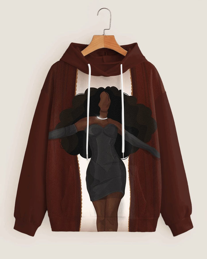 Fashion Simplicity Elegant Afro Girl Cartoon Print Long-sleeved Hoodie