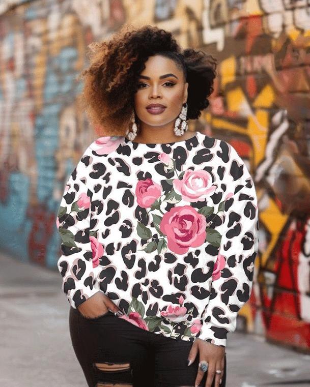 Women's Fashion Casual Leopard and Rose Print Long Sleeve Sweatshirt