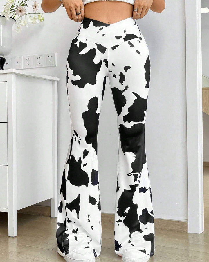 Women's Fashion Casual Slim-fit Dairy Pattern Printed Plastic Hip Flared Pants