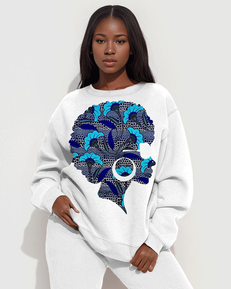 Afro Girl Ethnic Print Long Sleeve Sweatshirt Two Pieces Set