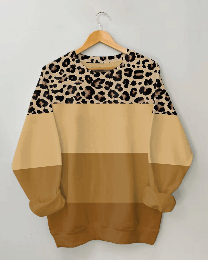 Women's Fashion Colorblock Leopard Print Long Sleeve Sweatshirt