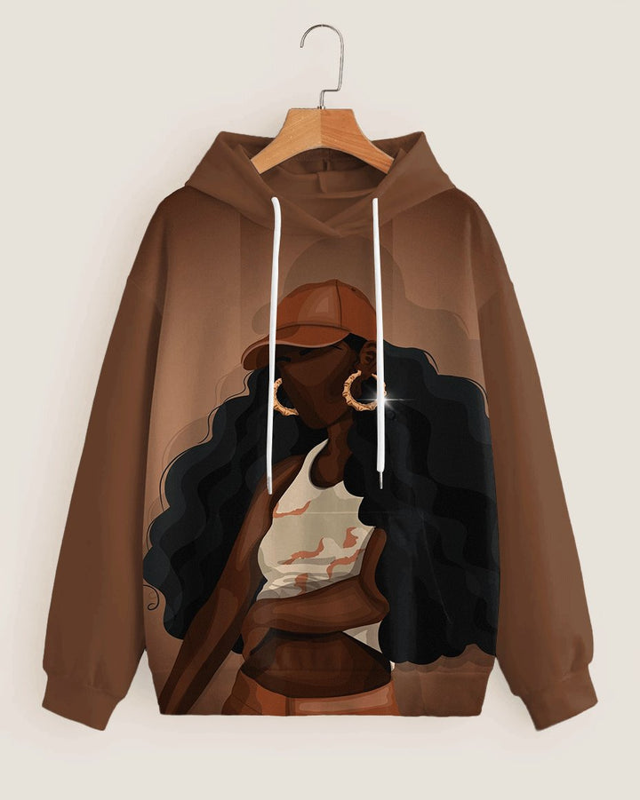 Fashion Simplicity Afro Cool Girl Cartoon Print Long-sleeved Hoodie