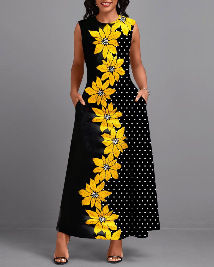 Round Neck Yellow Flower Polka Dot Stitching Pockets Casual Dress