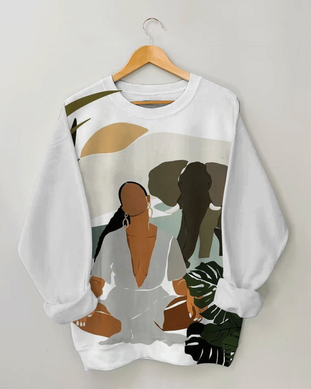 Women's Fashion Lady with Elephant Print Long Sleeve Sweatshirt