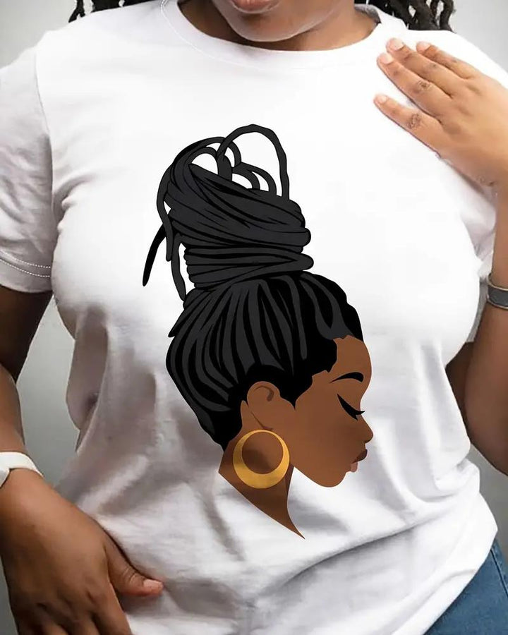 Long Braids Girl Print Short Sleeve Tshirt