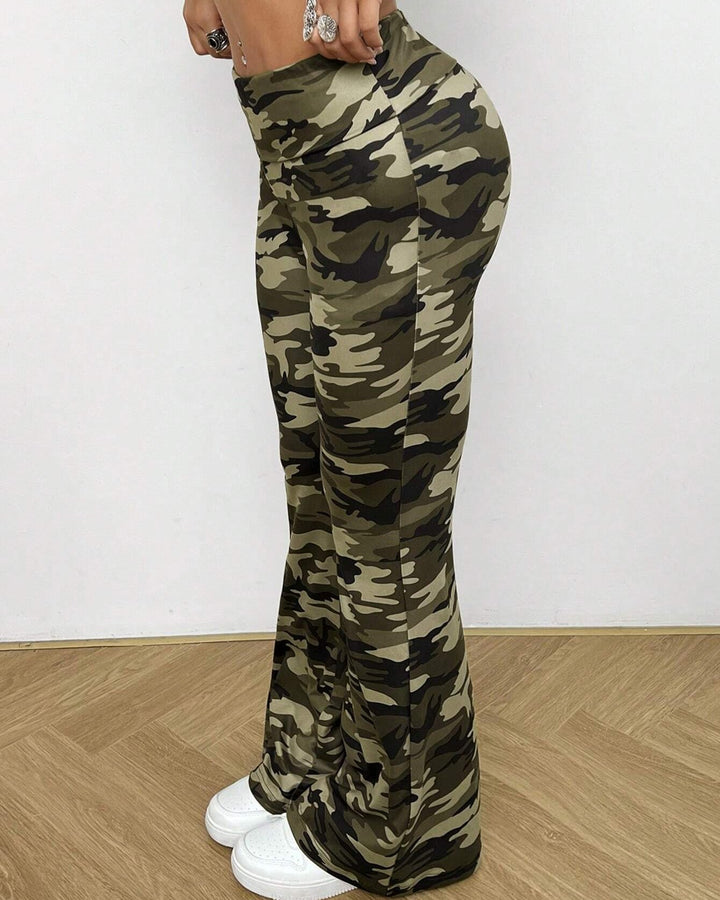 Women's Fashion Casual Slim Camouflage Pattern Printed Plastic Hip Flared Pants