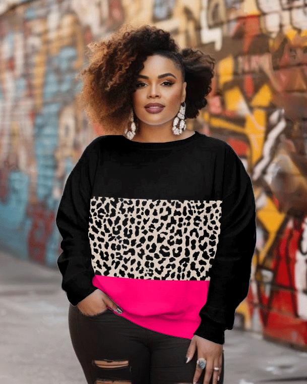 Women's Fashion Casual Colorblock Leopard Print Long Sleeve Sweatshirt