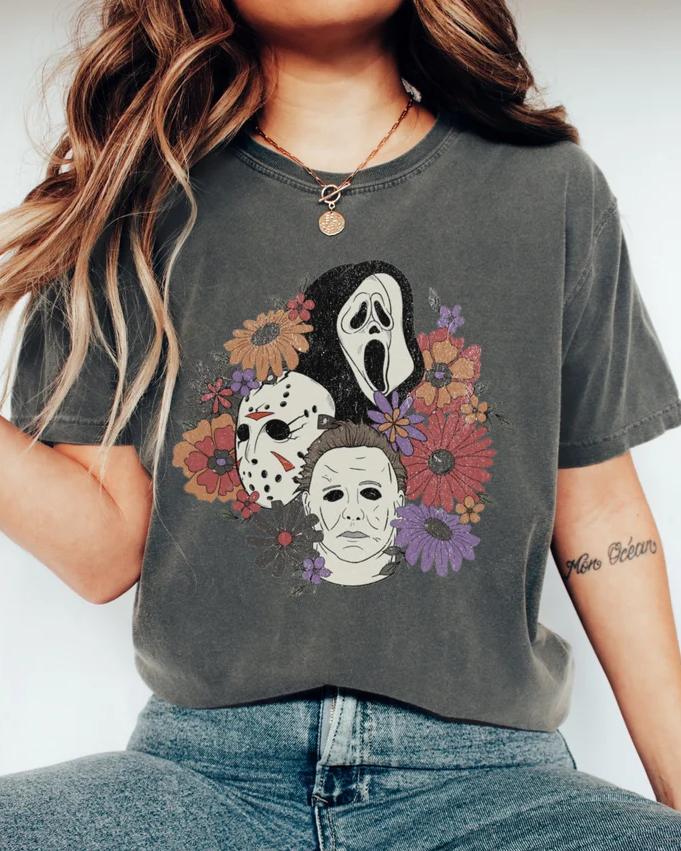 Halloween Horror Movie Characters Vintage Washed Short Sleeve T-Shirt