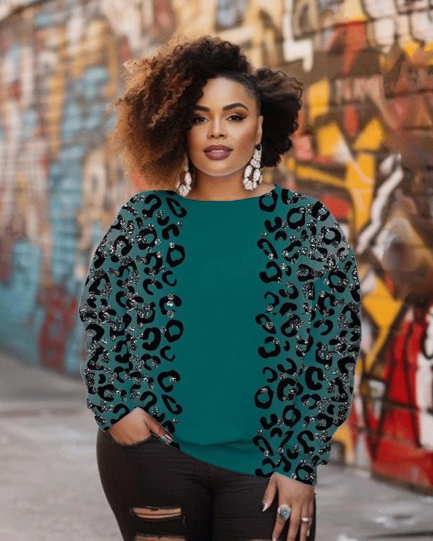 Women's Fashion Casual Shiny Leopard Print Long Sleeve Sweatshirt