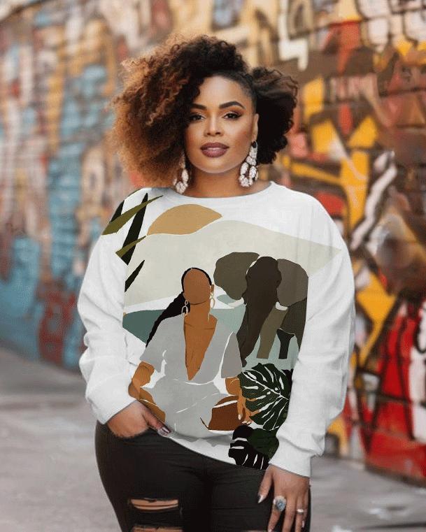 Women's Fashion Lady with Elephant Print Long Sleeve Sweatshirt