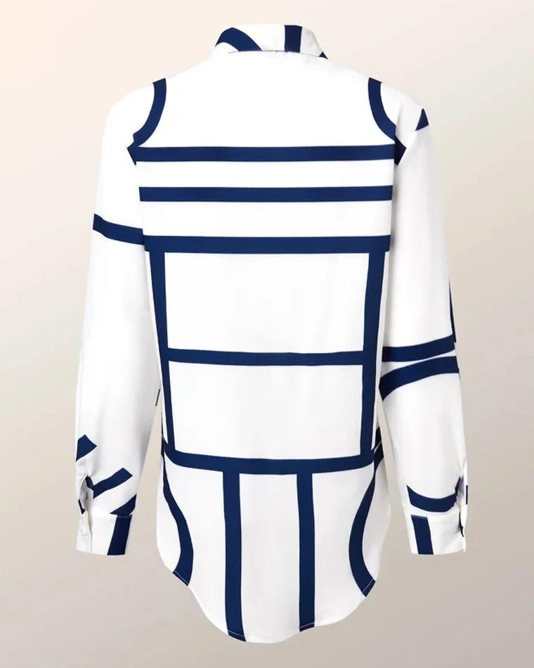 Blue Geometric Stripes Single Breasted Irregular Long Sleeves Blouses