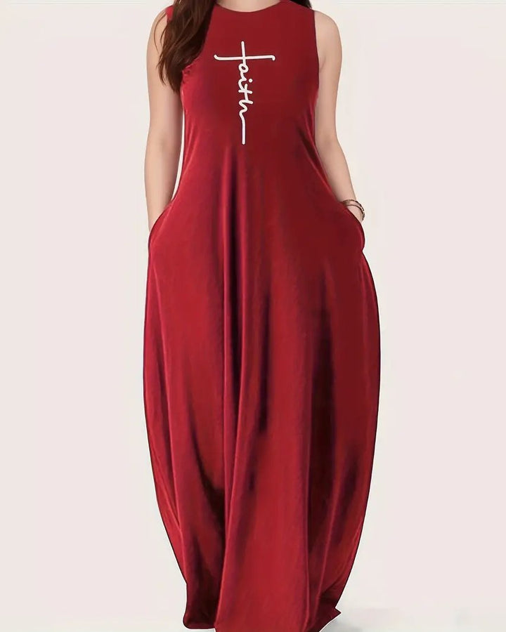 Round Neck Faith Letters Solid Color Maxi Dress