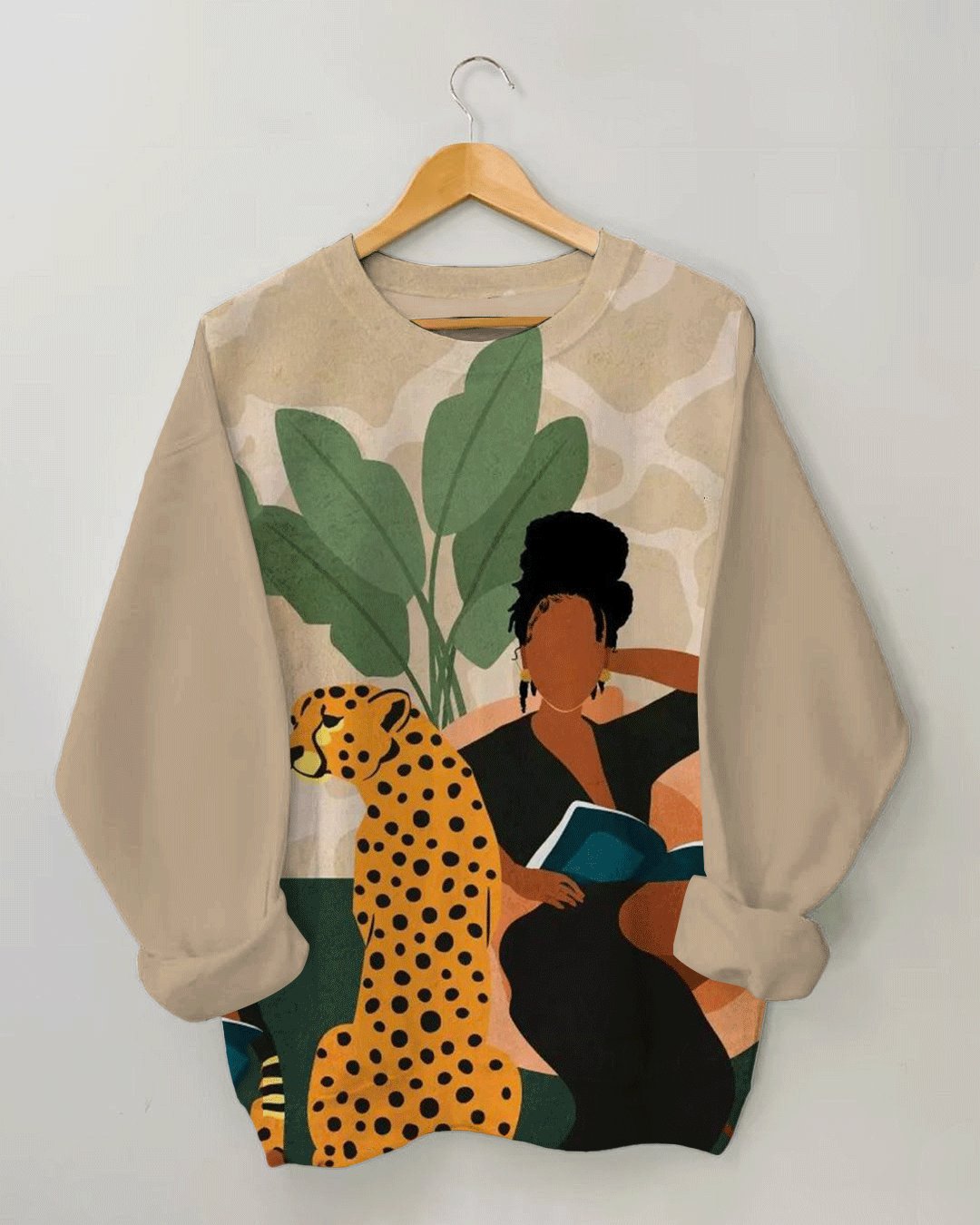 Women's Fashion Brown Girl with Leopard Print Long Sleeve Sweatshirt