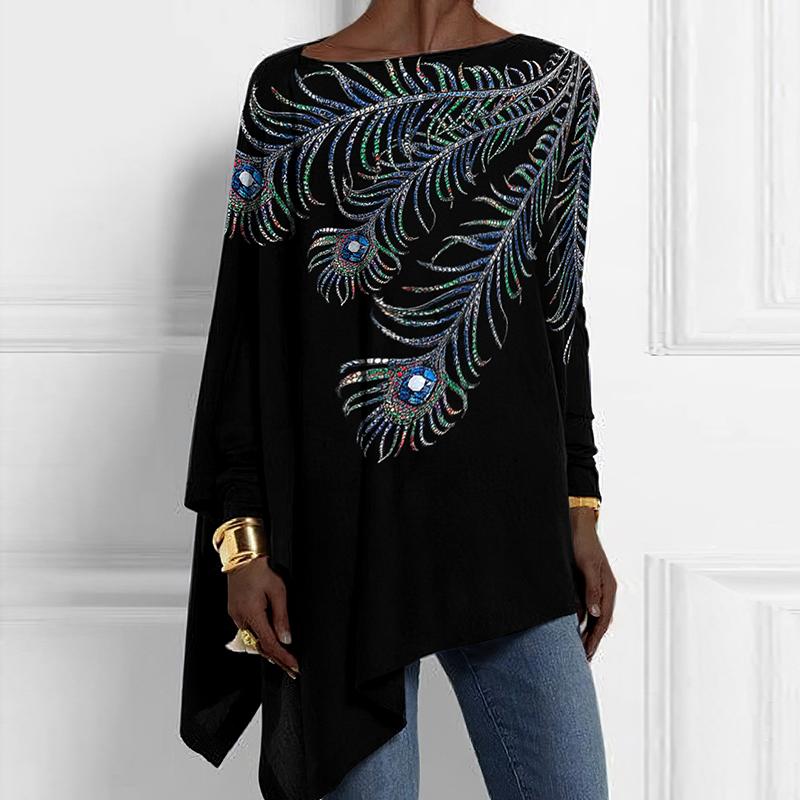 Peacock Feather Print Long Sleeve Loose Hem Top