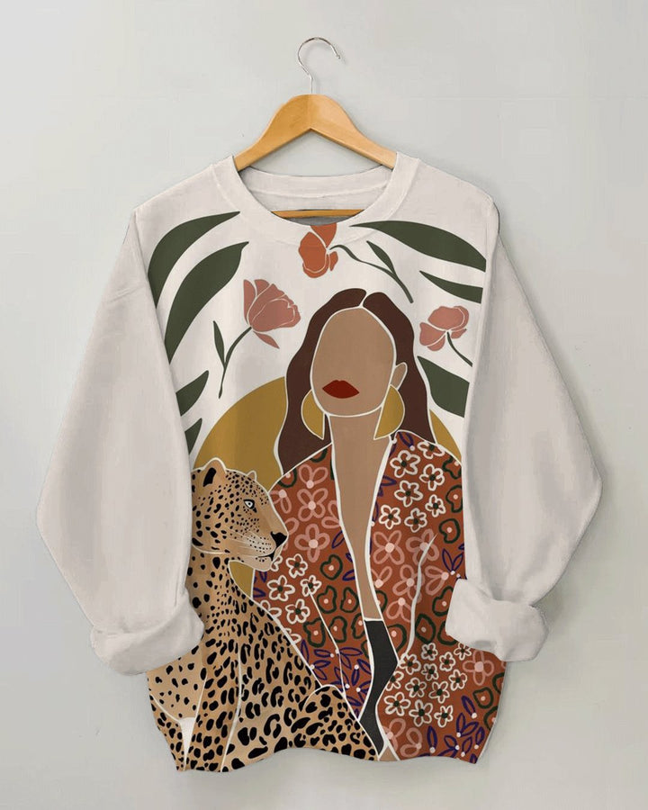 Women's Fashion Elegant Girl with Leopard Print Long Sleeve Sweatshirt