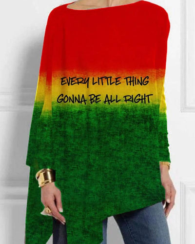 Reggae Print Loose Long Sleeve Asymmetric T-Shirt
